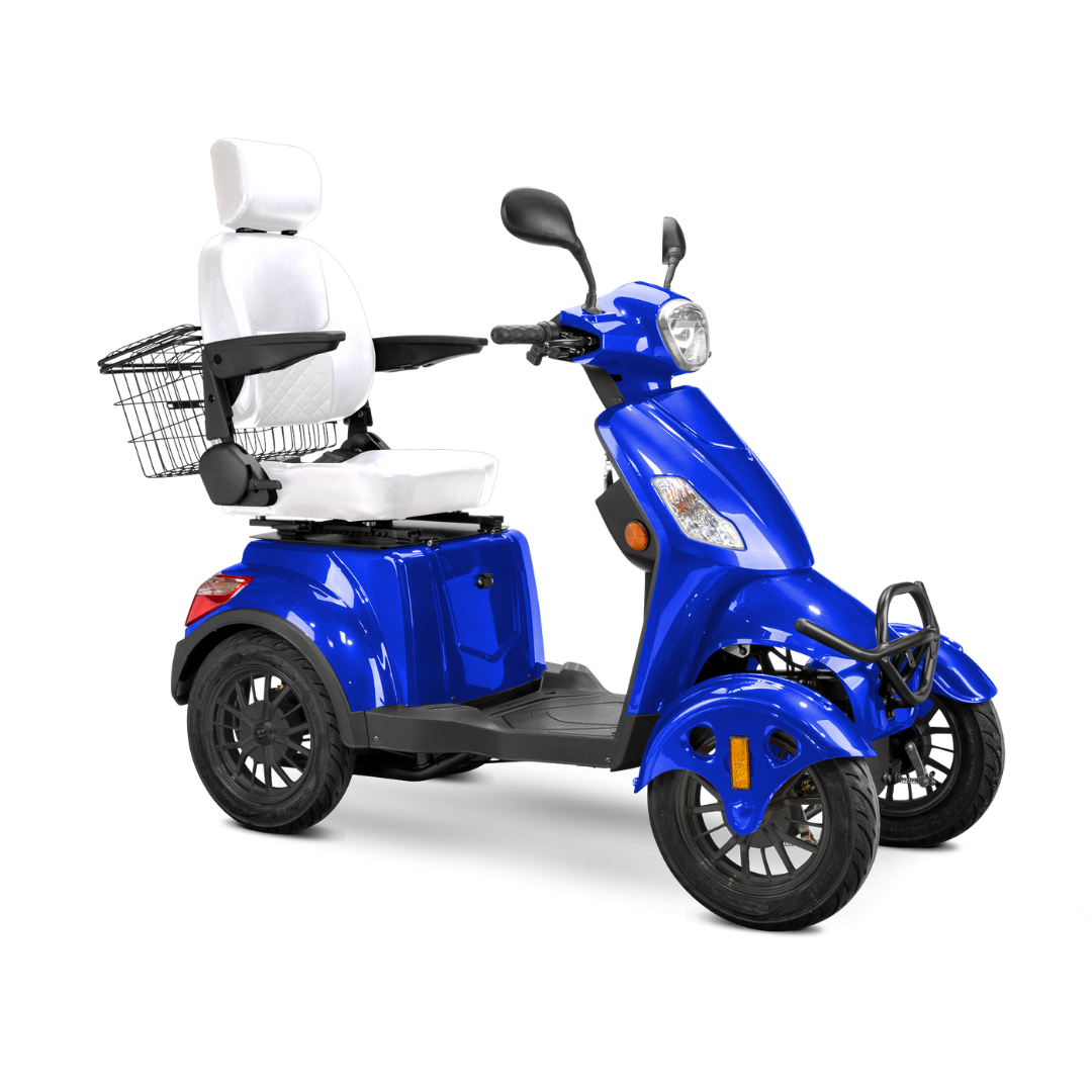 The Bespoke Prestige Recreational 4-Wheel Scooter features a vibrant blue design, white cushioned adjustable seat with backrest and armrests, a handlebar, front headlight, and a rear wire basket.